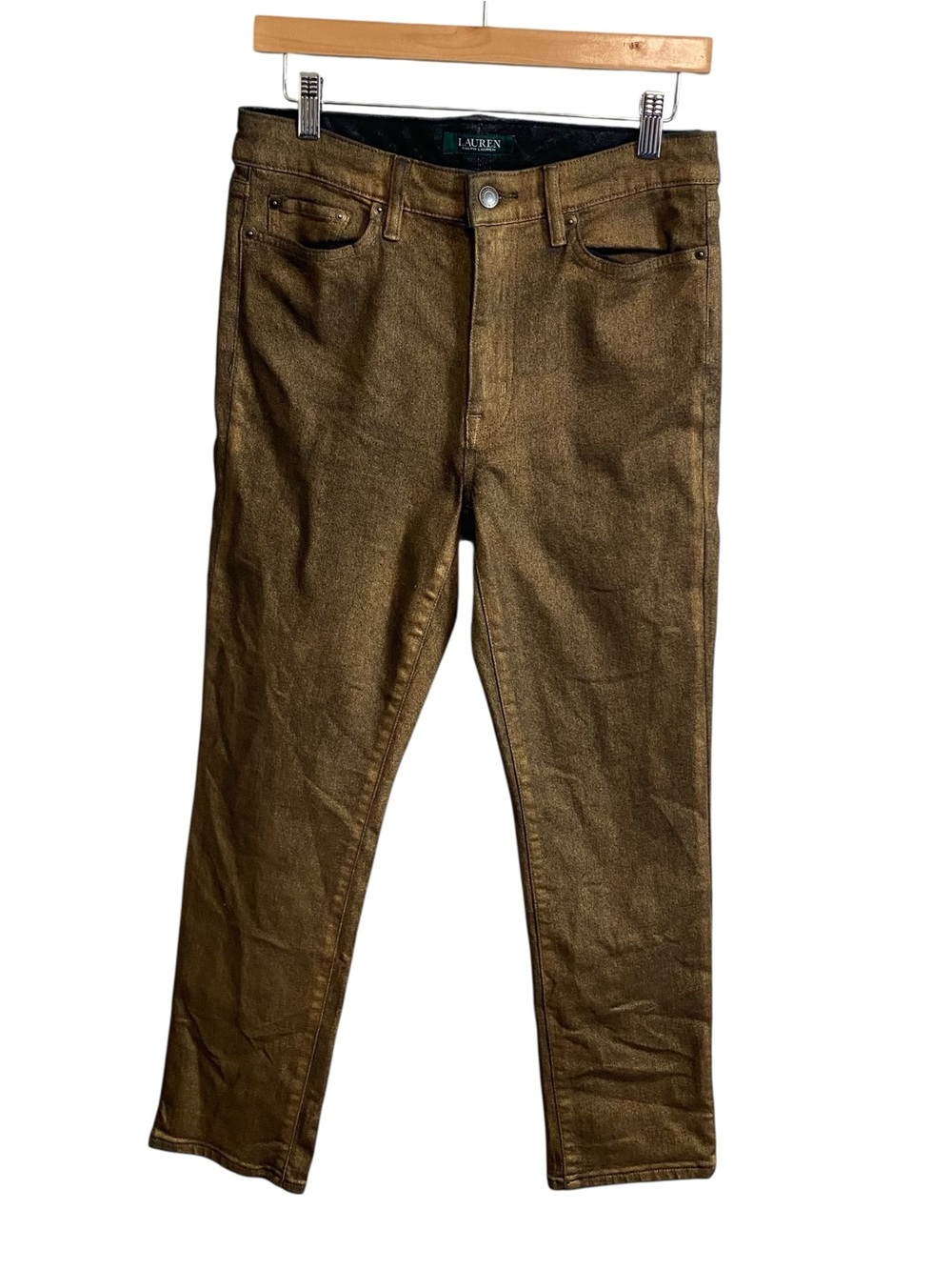 Lauren Ralph Lauren Black and Gold Shimmer Coated Straight Leg Mid Rise Pants 6
